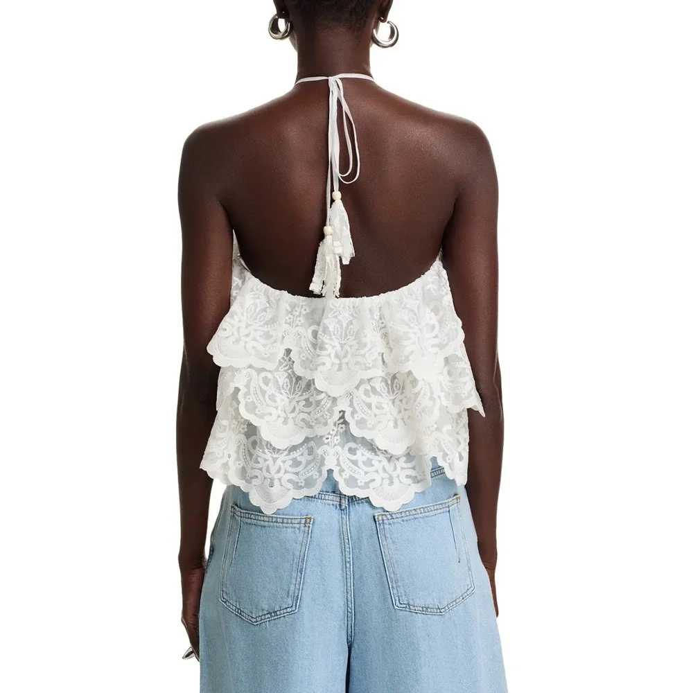 AQUA Lace‎ Halter Top Ruffle Tiered Sleeveless Party Festival White M - Picture 3 of 9